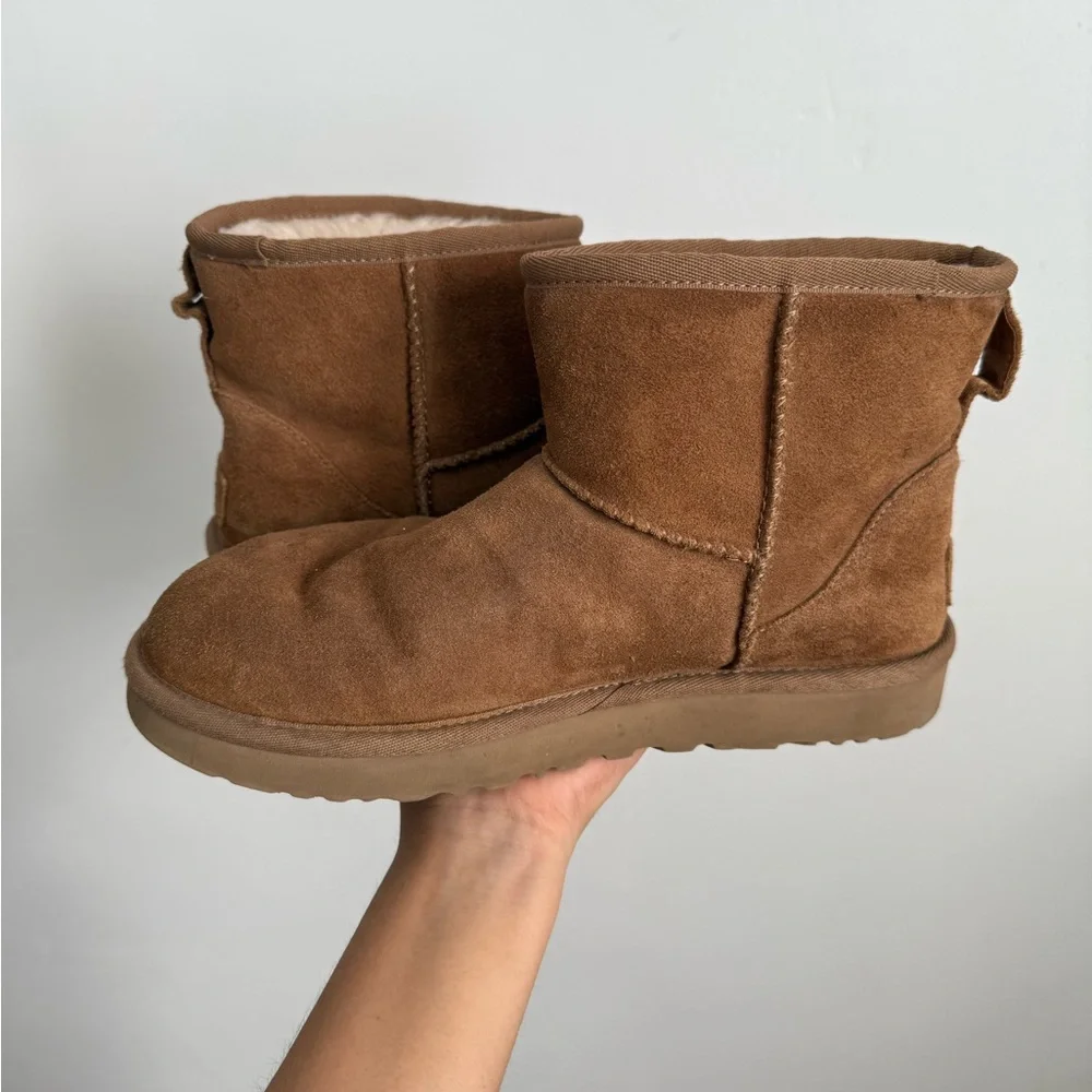 UGG Classic Mini II Graphic Logo Boots Chestnut Shearling Suede Size 7